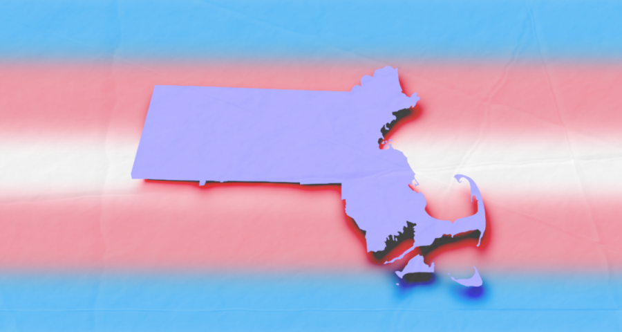 The state of Massachusetts in periwinkle with a drop shadow over a trans flag