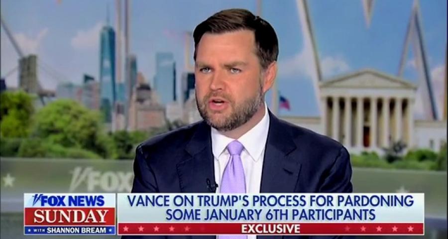 Image of JD Vance interviewed on Fox News Sunday regarding pardoning Jan. 6 prisoners