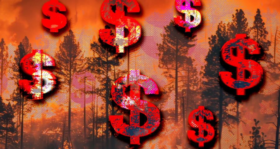 Dollar signs in front of burning trees