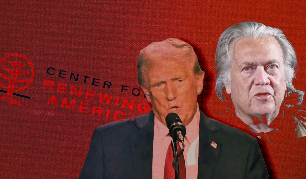 Donald Trump, Steve Bannon and the logo for The Center for Renewing America