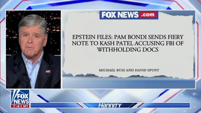 Screenshot from the February 27, 2025, edition of Fox News' Hannity on Bondi and Jeffrey Epstein
