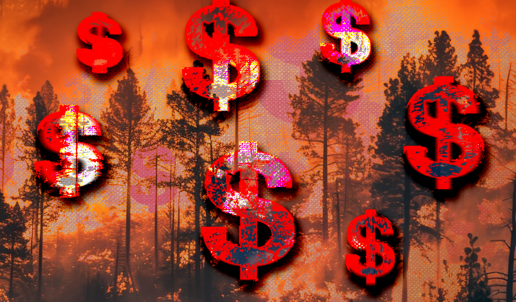 Dollar signs in front of burning trees